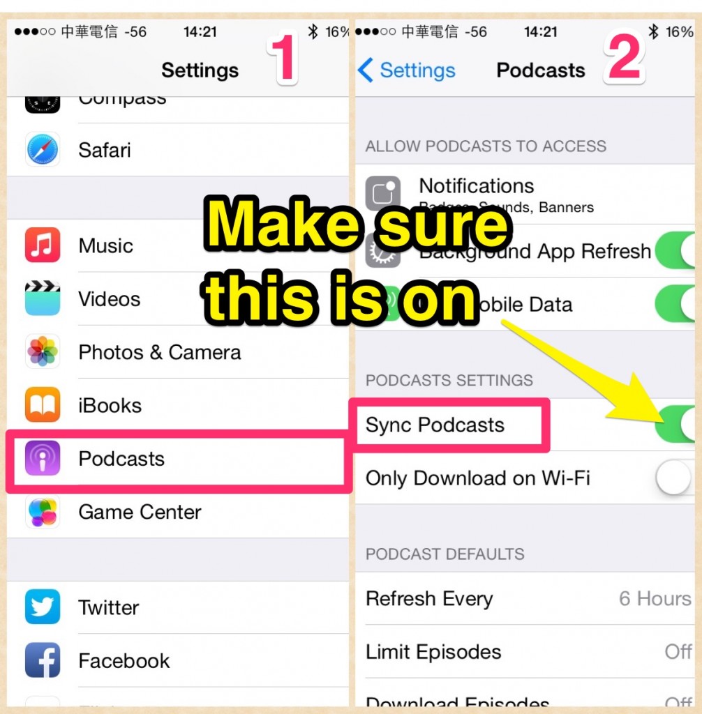 Check settings to make sure you have automatic syncing between iTunes and the Podcast app.